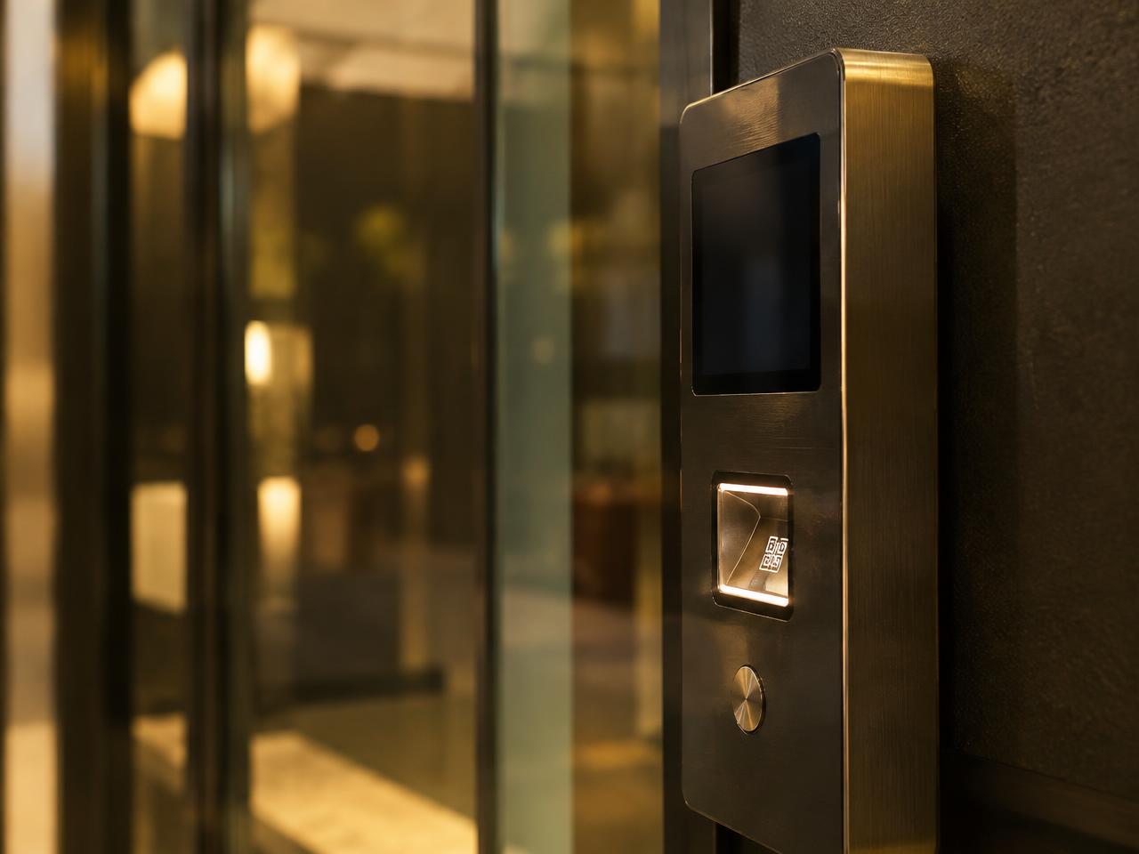 Entrance access device beside a shop door