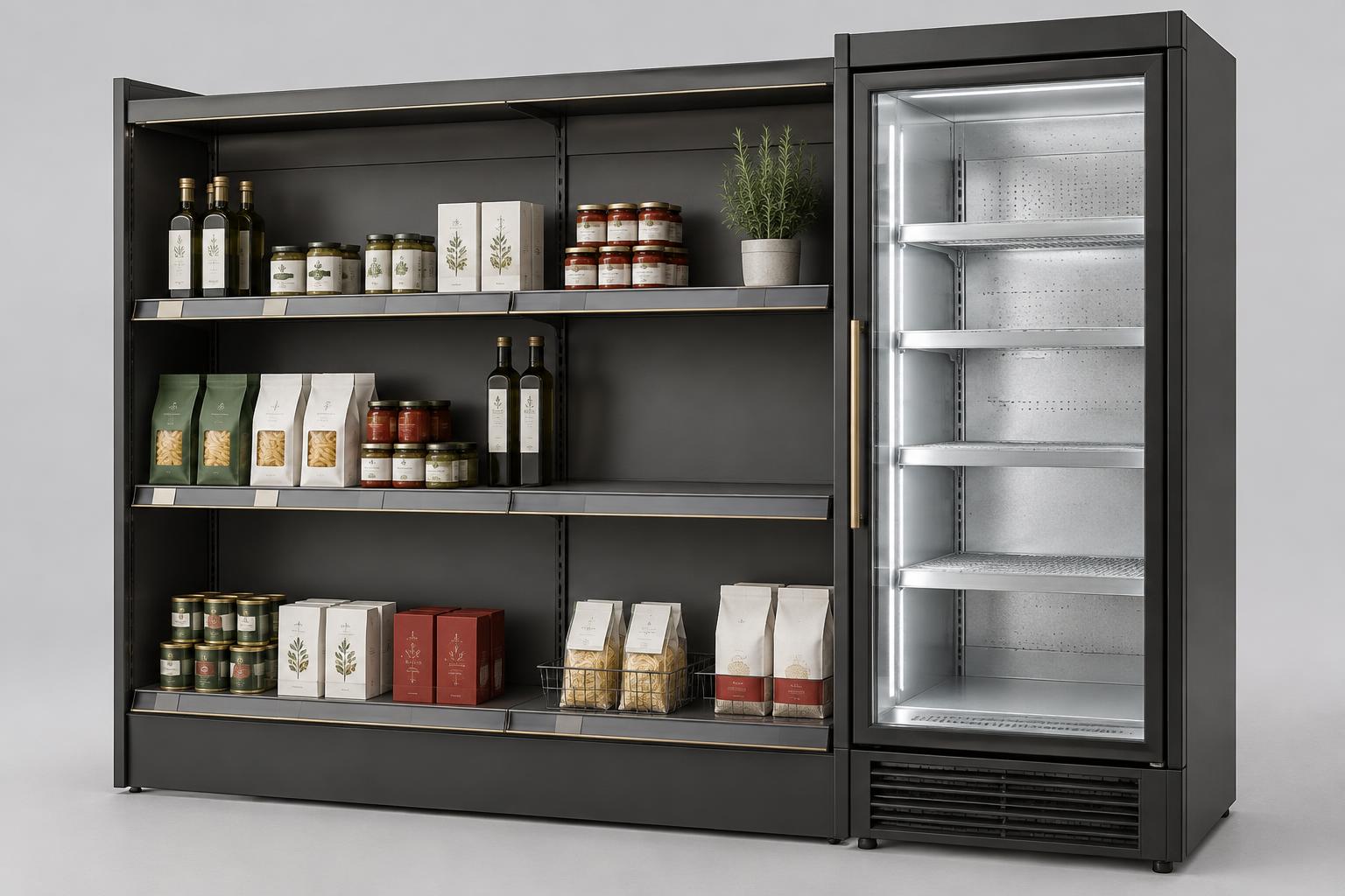 Illustrative shelving and refrigerated cabinet with visible product gaps